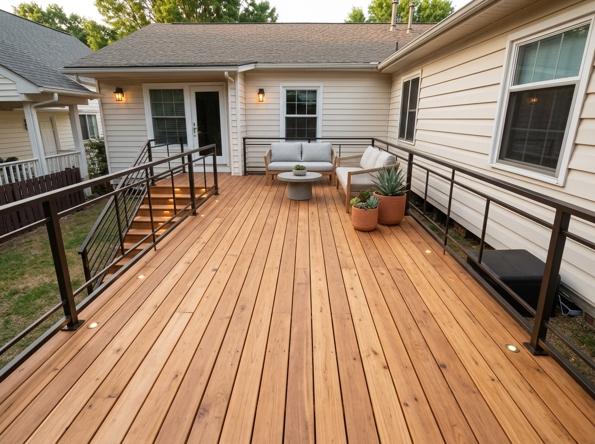 Organic modern deck with warm composite decking, cable railing, built-in bench and grass planters
