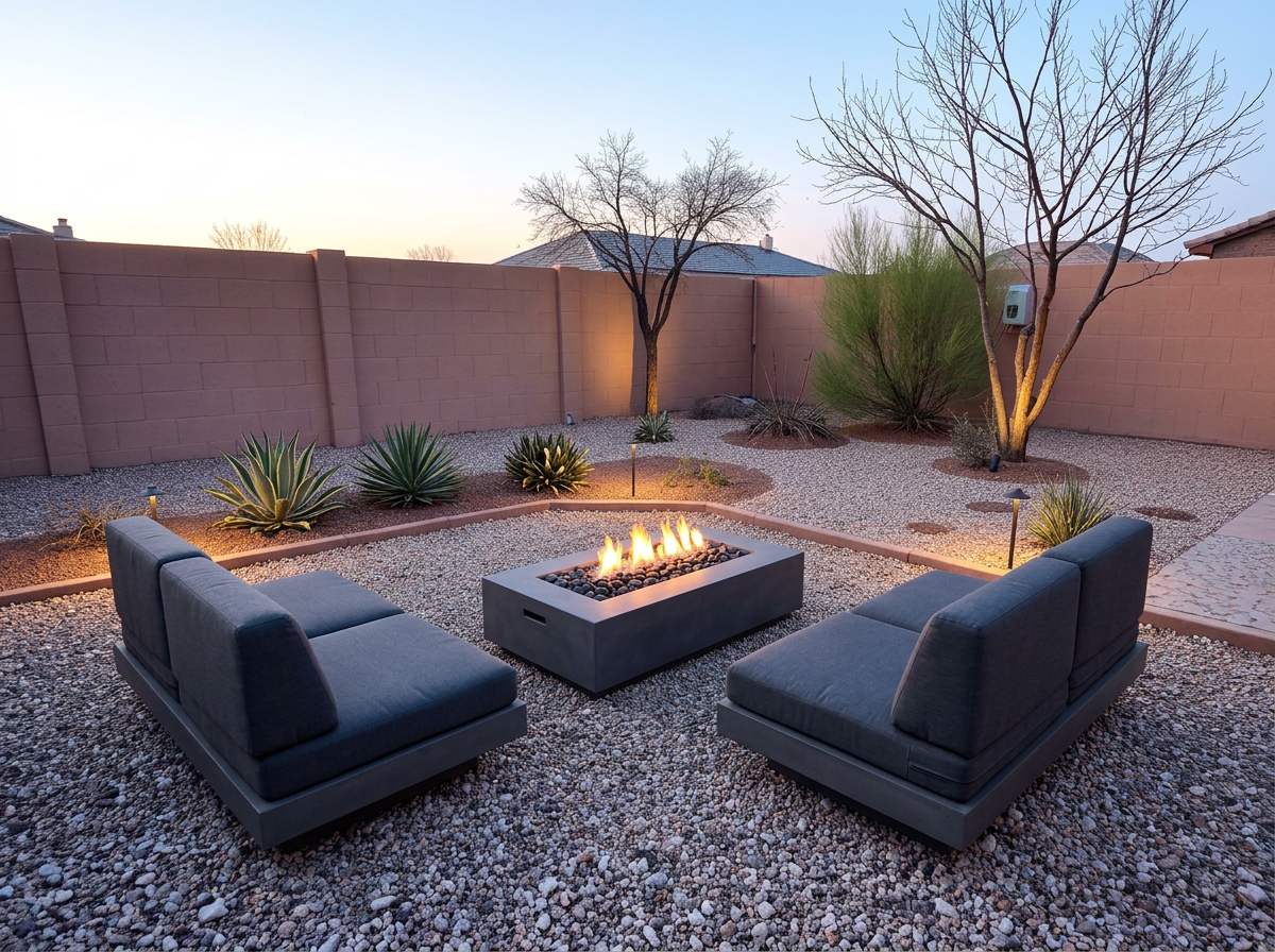 Desert modern fire pit lounge with board-formed concrete fire table, built-in seating and agave planting