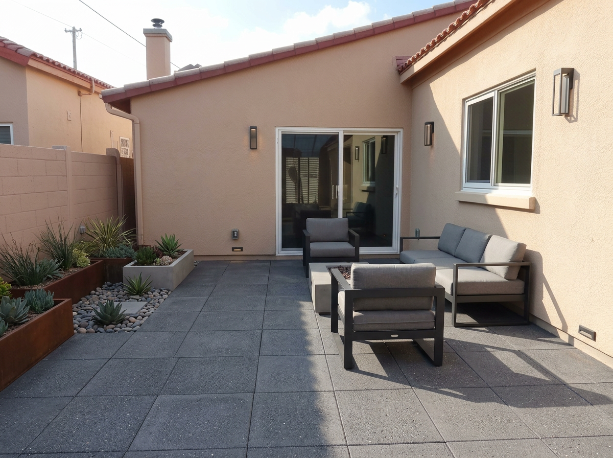 Modern backyard patio with large-format grey pavers, black steel planters and integrated lighting