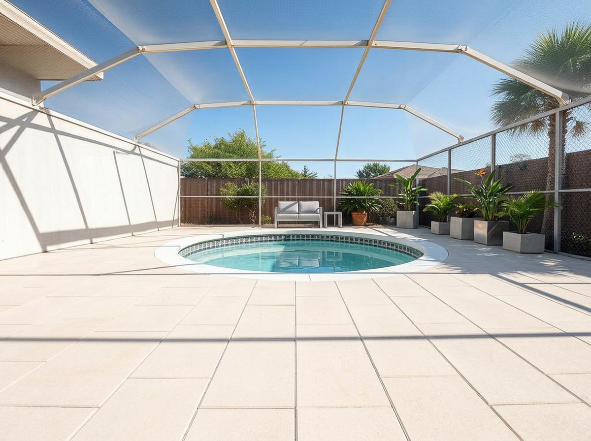 Florida modern pool deck with white porcelain pavers, glass railing, turquoise pool and palms